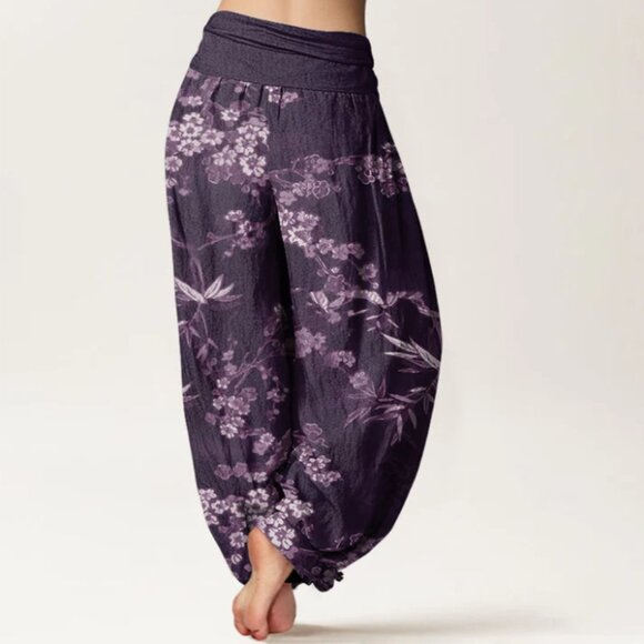 Buddha Stones white sakura flower pattern women's elastic waist harem pants - Picture 3 of 5